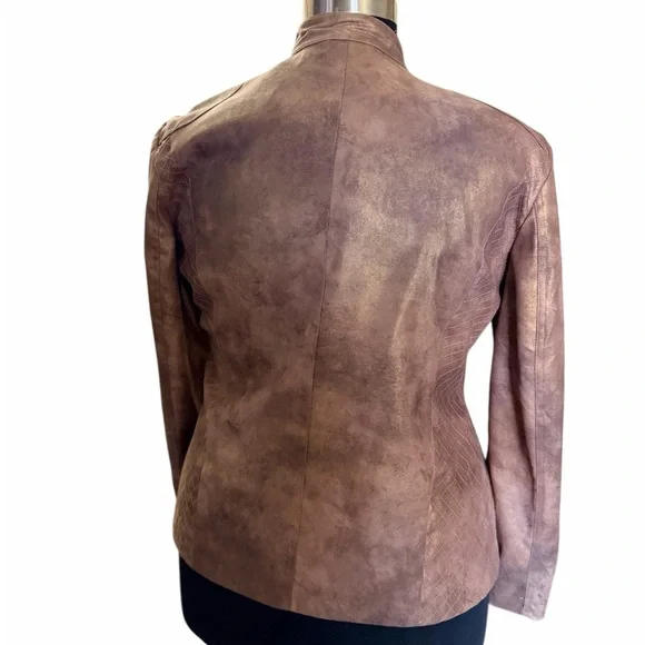 Chico's Moto Style Lined Jacket Brown Faux Suede with Metallic Shine (Size 3) - Picture 4 of 6